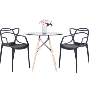 Comedor Terraza - 2 Sillas Master Negras Y Mesa Eames De Vidrio 80cm