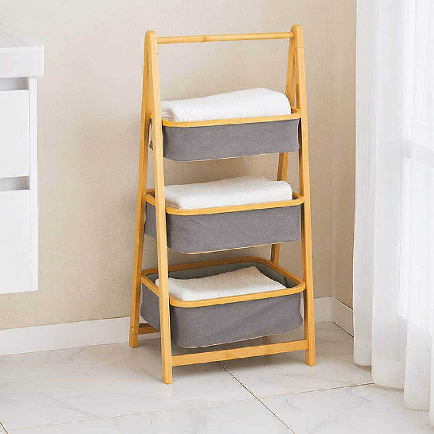 Estante Organizador Plegable 3 Niveles | Cestas De Tela Gris image number 1.0