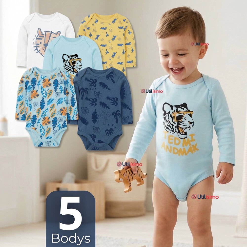Pack 5 Bodys Manga Larga 100% Algod&oacute;n Beb&eacute; Ni&ntilde;o Wild Tiger image number 0.0
