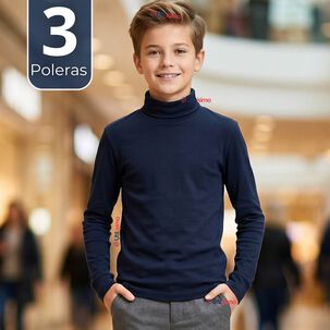 Pack 3 Poleras Camisetas Polar Azul Oscuro Primera Capa Beatle Manga Larga Ni&ntilde;o