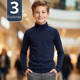 Pack 3 Poleras Camisetas Polar Azul Oscuro Primera Capa Beatle Manga Larga Ni&ntilde;o