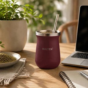 Mate T&eacute;rmico De Acero Inoxidable 300 Ml Con Bombilla Conserva Calor 1 Hora Y Fr&iacute;o 6 Horas Color Burdeo