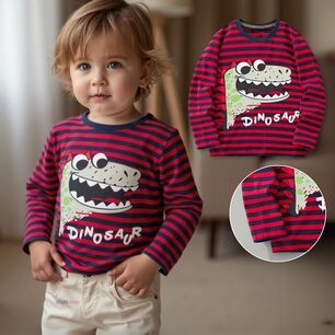 Polera Manga Larga Ni&ntilde;o 100% Algod&oacute;n Dinosaurio Rojo Camiseta