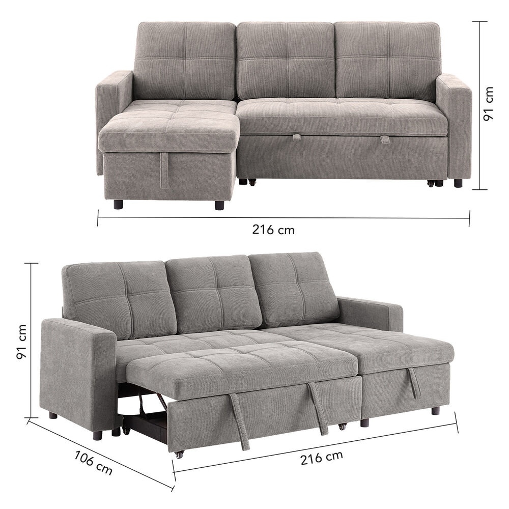 Sofá Cama 3 Cuerpos Gris 216x106x91cm Almacenaje image number 2.0