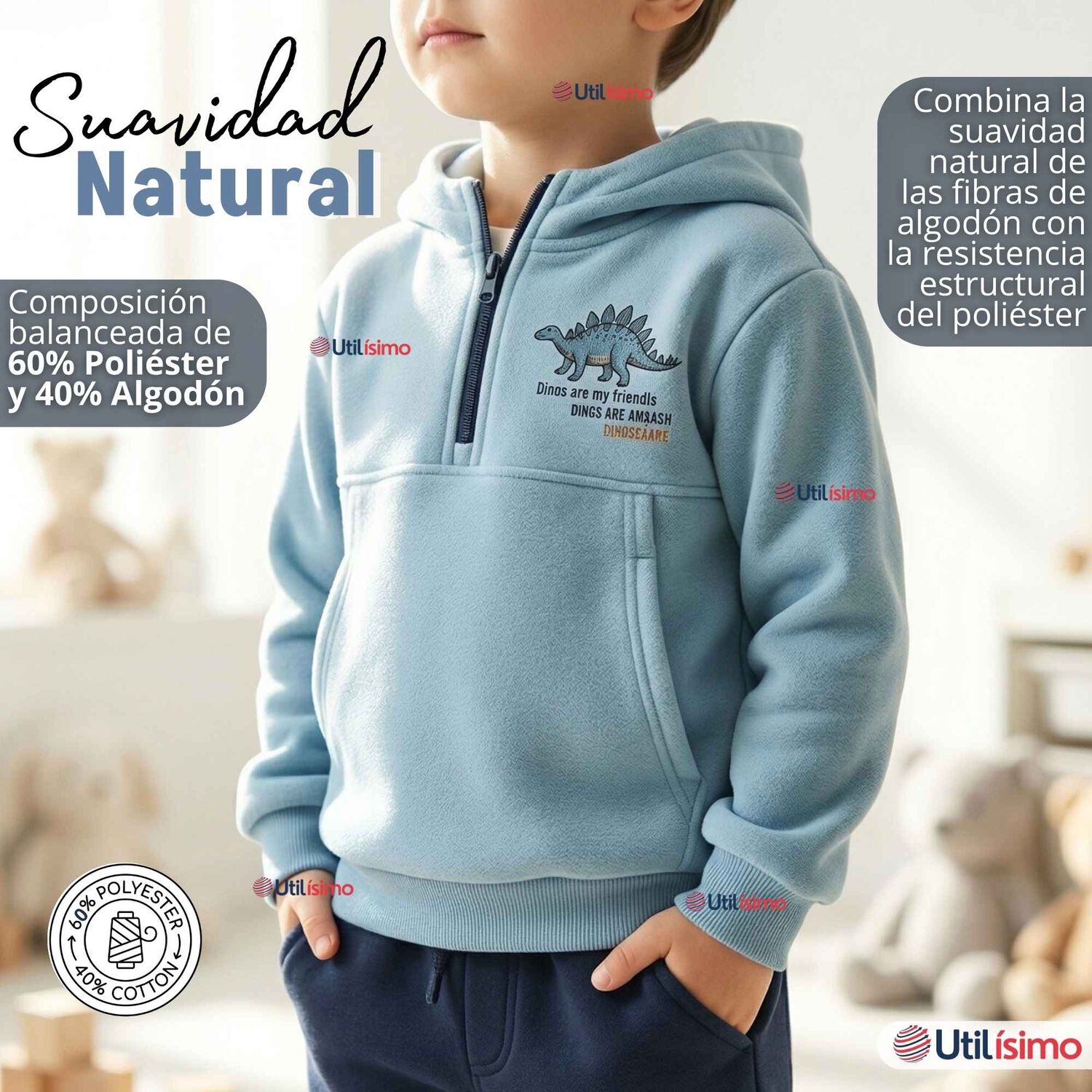 Conjunto 2 Piezas Buzo Pantal&oacute;n Y Poler&oacute;n Con Capucha Azul Dinosaurio Ni&ntilde;o image number 4.0