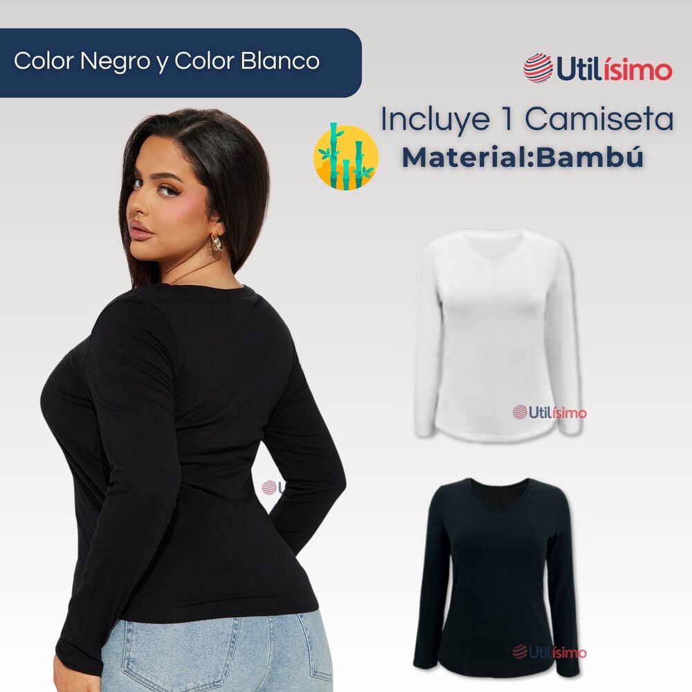 Camiseta Manga Larga Cuello V Bamb&uacute; Mujer Primera Capa Blanco Y Negro image number 1.0
