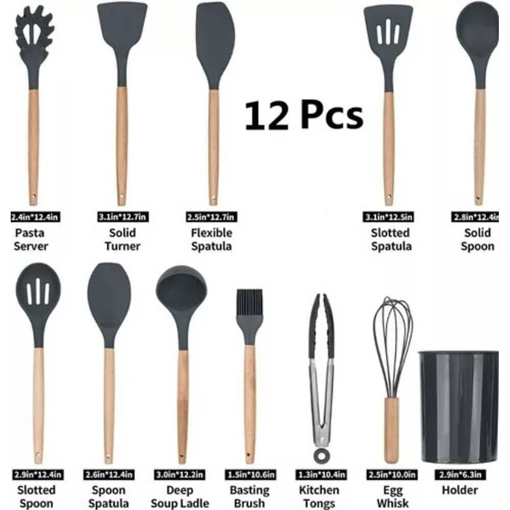 Set 12 Utensilios Cocina Mango Silicona Y Madera Reposter&iacute;a Negro image number 1.0