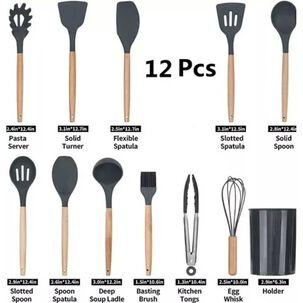 Set 12 Utensilios Cocina Mango Silicona Y Madera Reposter&iacute;a Negro