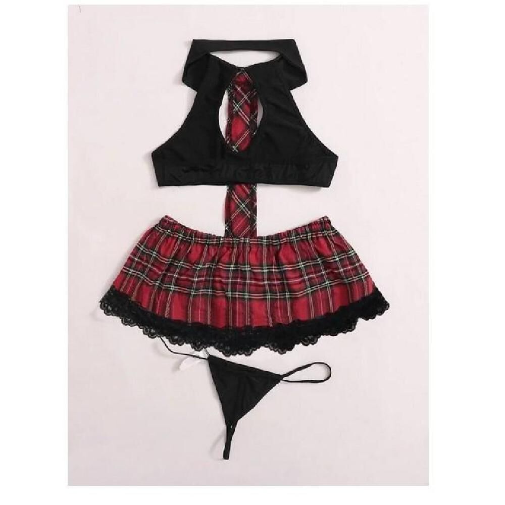 Lenceria Sexy Babydolls Traje De Tartán Con Tanga 2023 image number 3.0