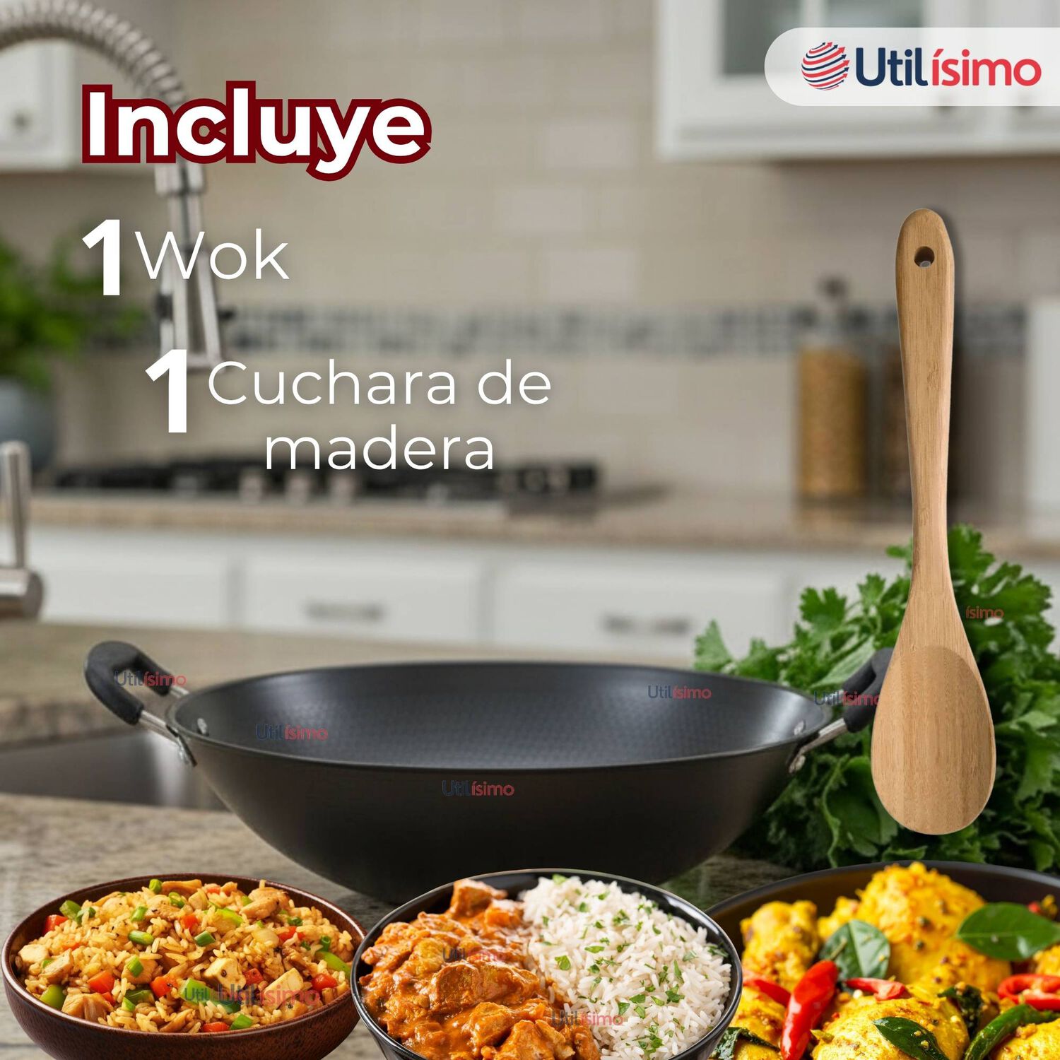 Wok Chino Acero Inoxidable Antiadherente 34cm+ Cuchara De Madera De Bamb&uacute; image number 1.0