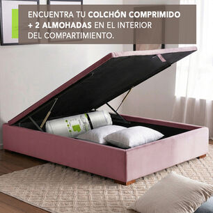 Cama Funcional Baul Full 1.35 Mt Colchon Comprimido New Top + 2 Almohadas Tela Palo Rosa