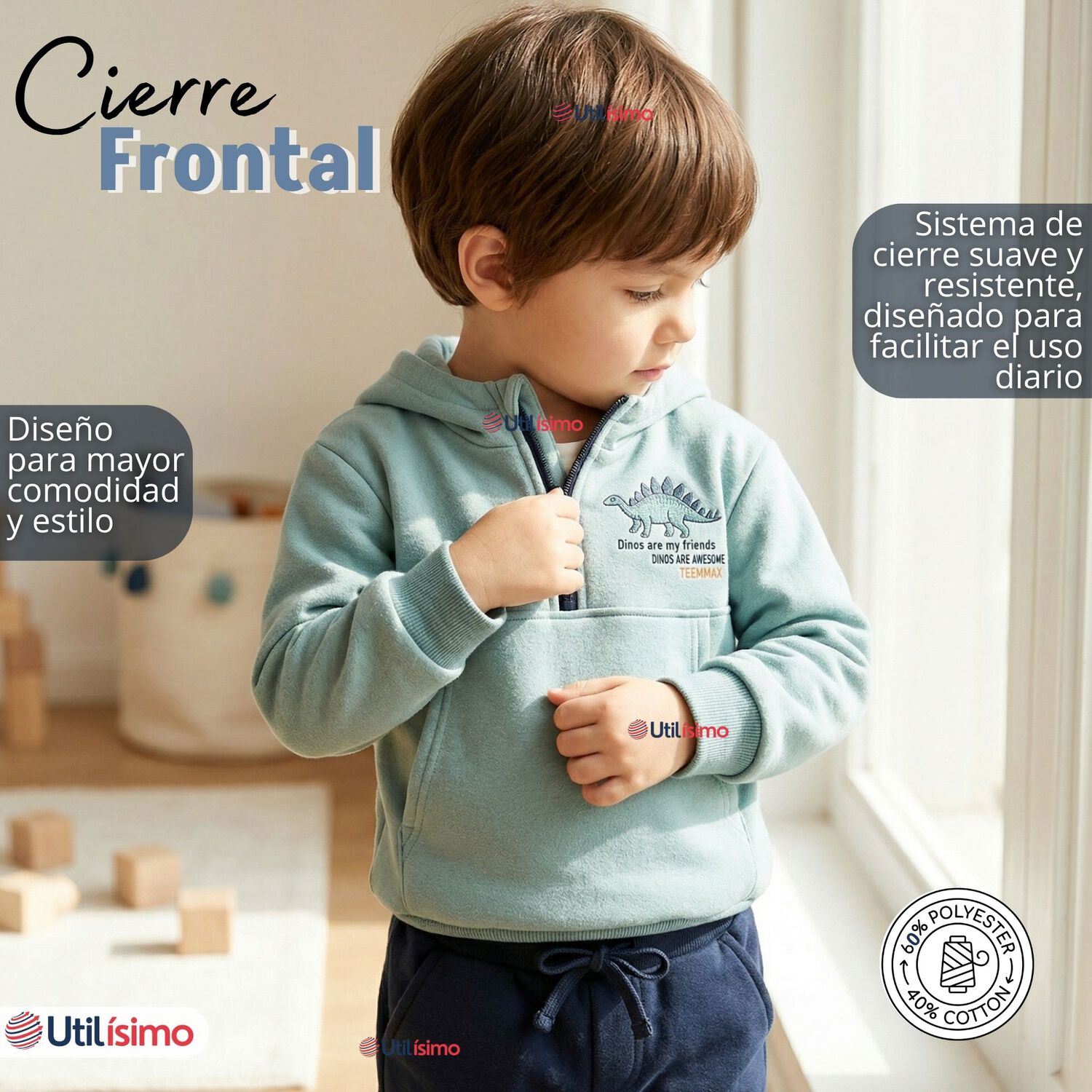 Conjunto 2 Piezas Buzo Pantal&oacute;n Y Poler&oacute;n Con Capucha Azul Dinosaurio Ni&ntilde;o image number 9.0