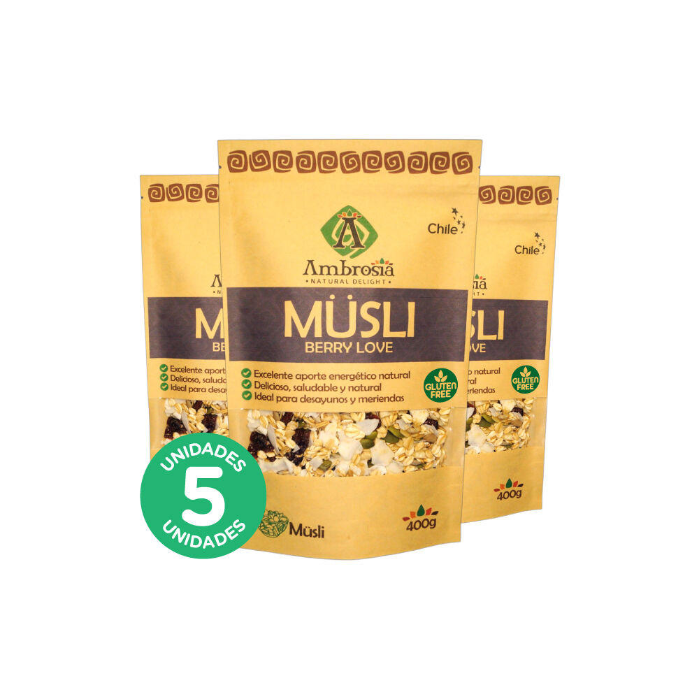 Pack 5, Mezcla Nutritiva De Cereales M&uuml;sli Berry Love Vegano Y Libre De Gluten Para Preparaciones Keto 400gr. image number 0.0