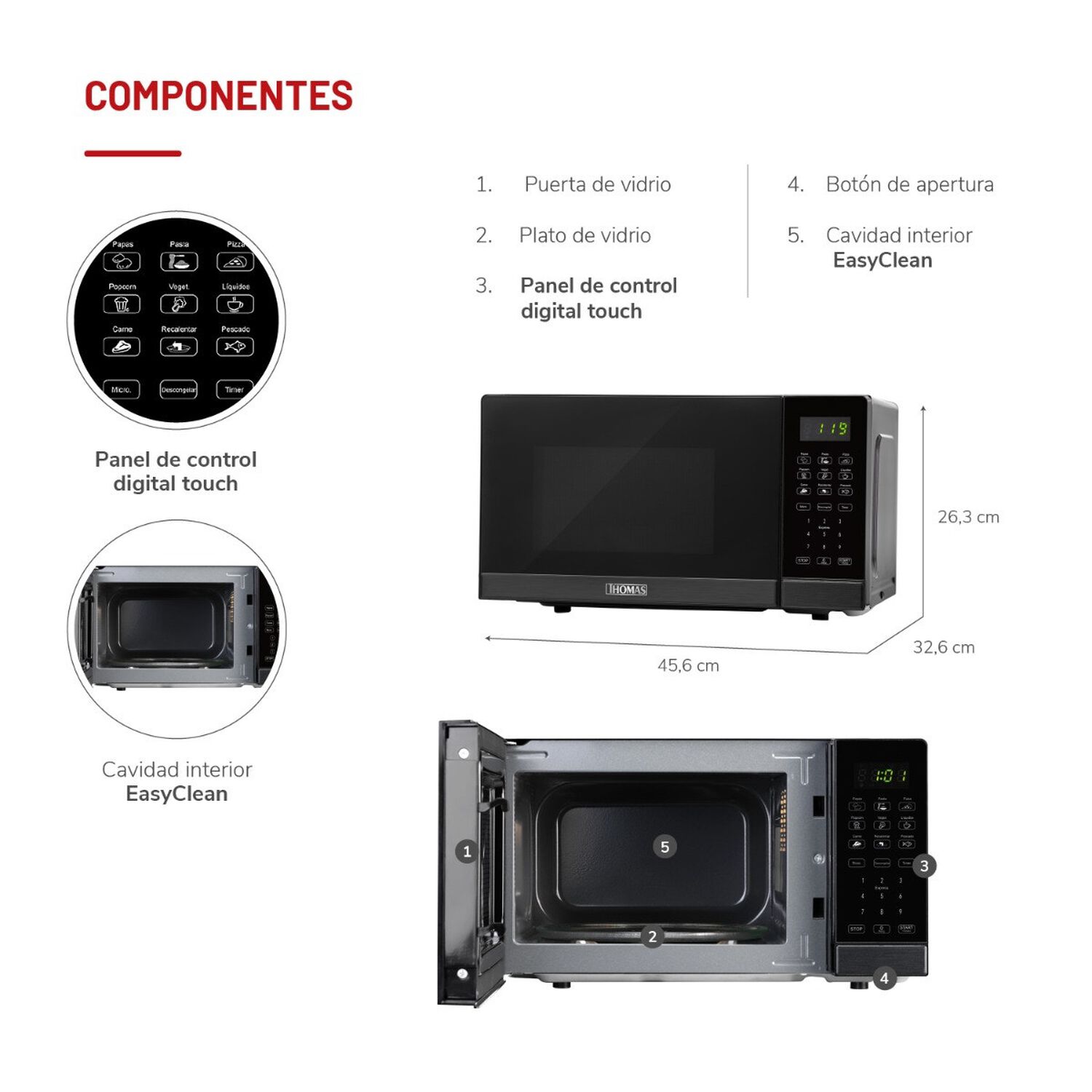 Microondas Digital Thomas Thmw20dn Heattouch 20 Litros 700w Microondas De Mesa Pantalla Touch 10 Niveles De Potencia Programas Autom&aacute;ticos Descongelad image number 4.0