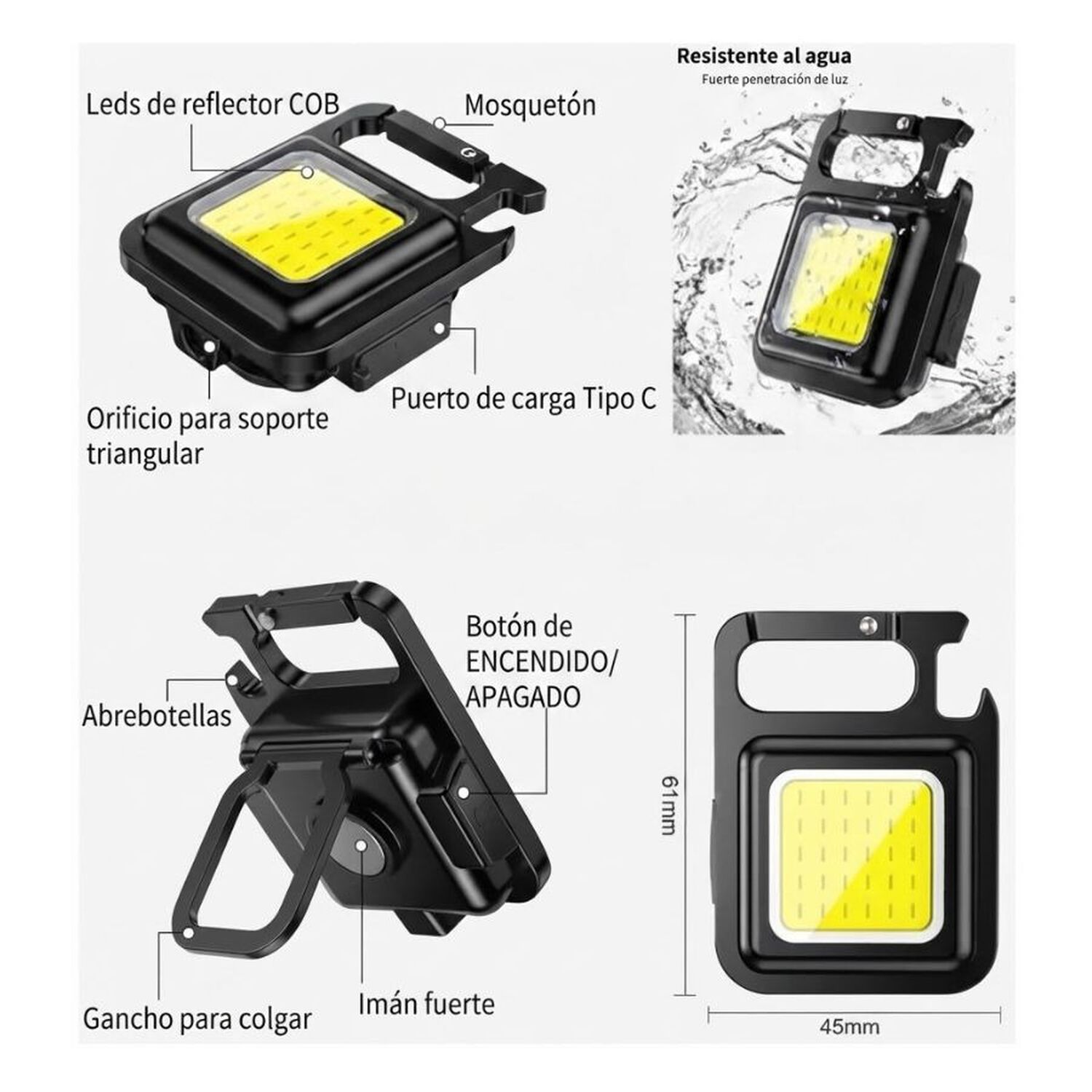 Pack 4 Mini Linterna Llavero Cob Recargable Usb Emergencia Camping Bolsillo image number 3.0
