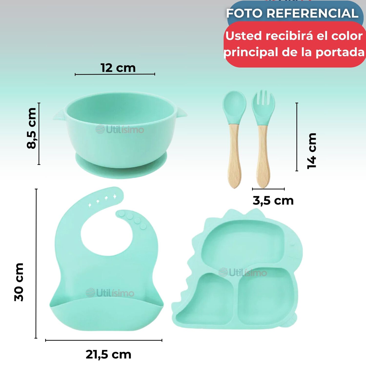 Set Alimentaci&oacute;n Silicona Beb&eacute; 5 Piezas Dinosaurio Libre Bpa Color Turquesa image number 2.0