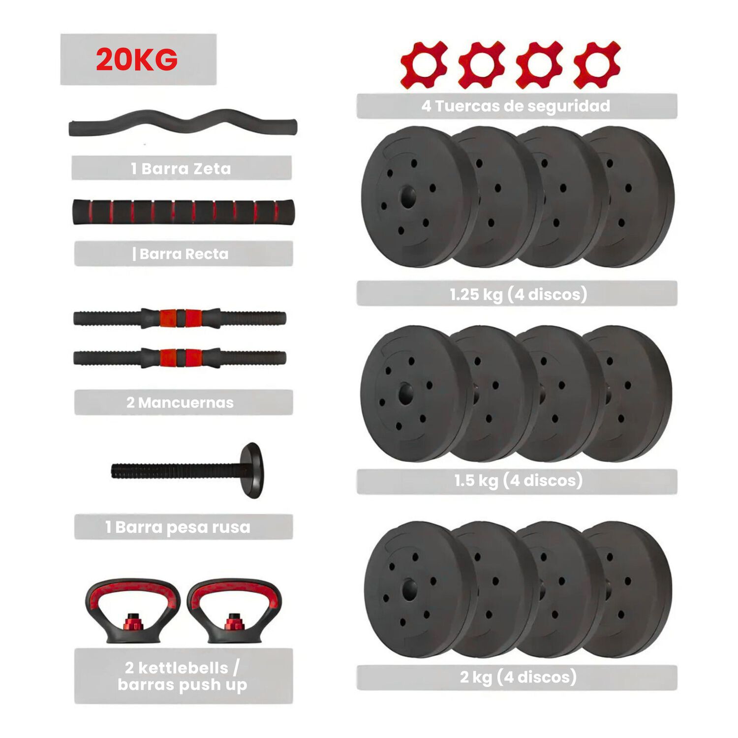 Set Mancuernas 20 Kg 5 En 1 Barra Z Extensor Rojo image number 2.0