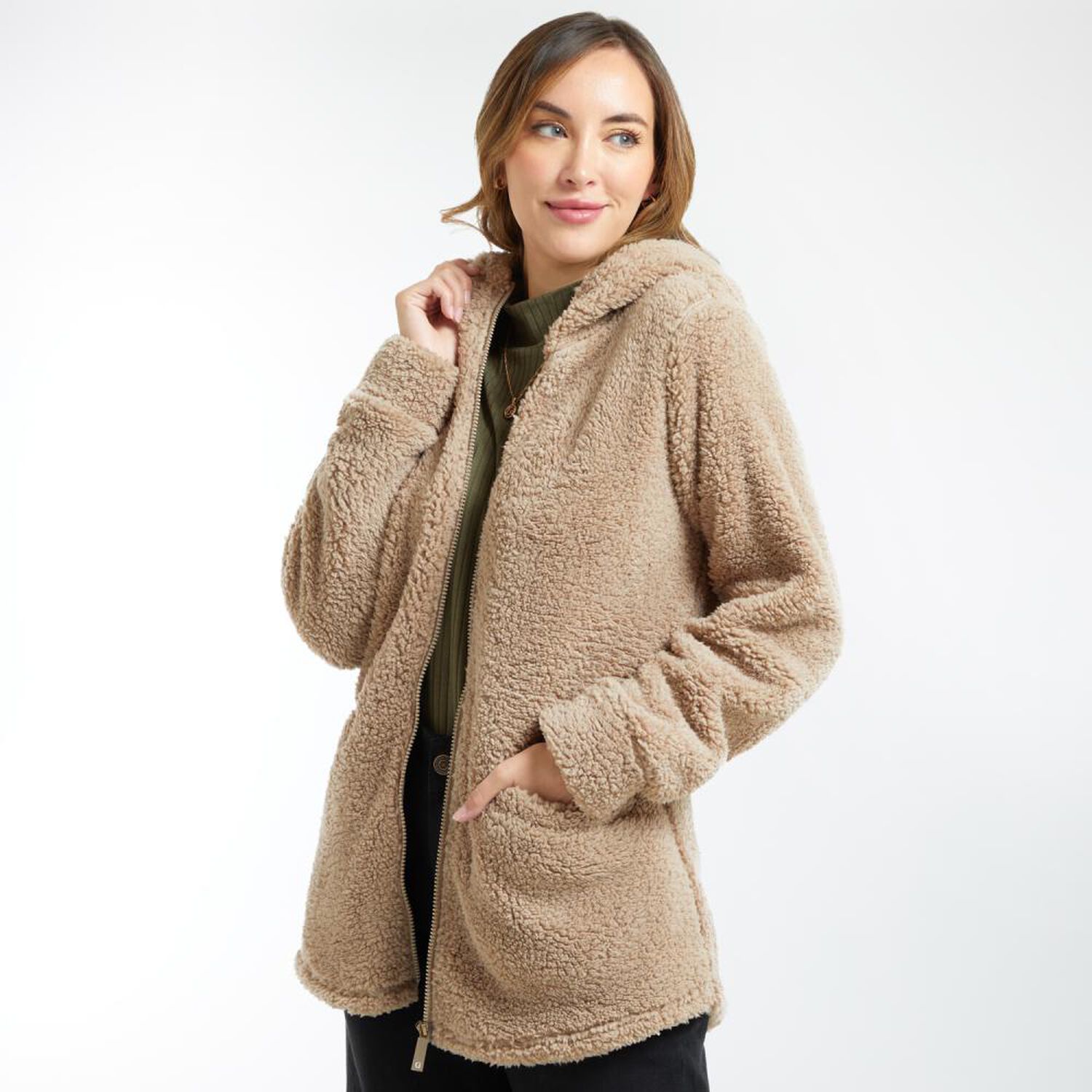 Poler&oacute;n Bonded Sherpa Regular Cuello Alto Con Capucha Mujer Geeps image number 0.0