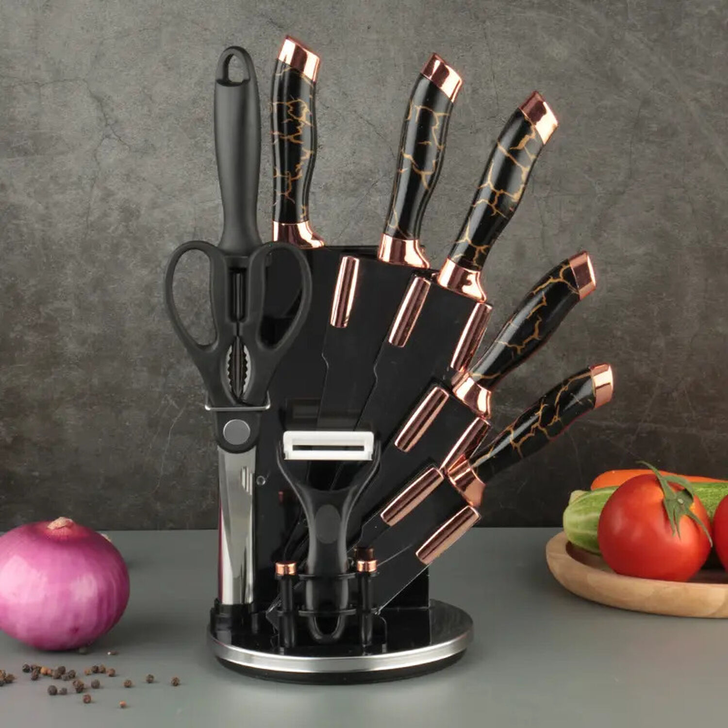 Set Cuchillos De Cocina 9 Piezas Con Base Giratoria Marmoleado Negro Dorado image number 1.0