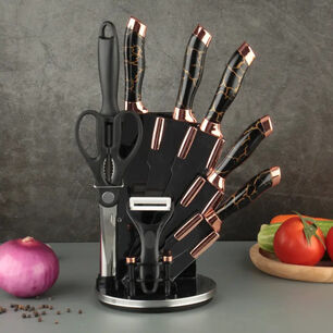 Set Cuchillos De Cocina 9 Piezas Con Base Giratoria Marmoleado Negro Dorado