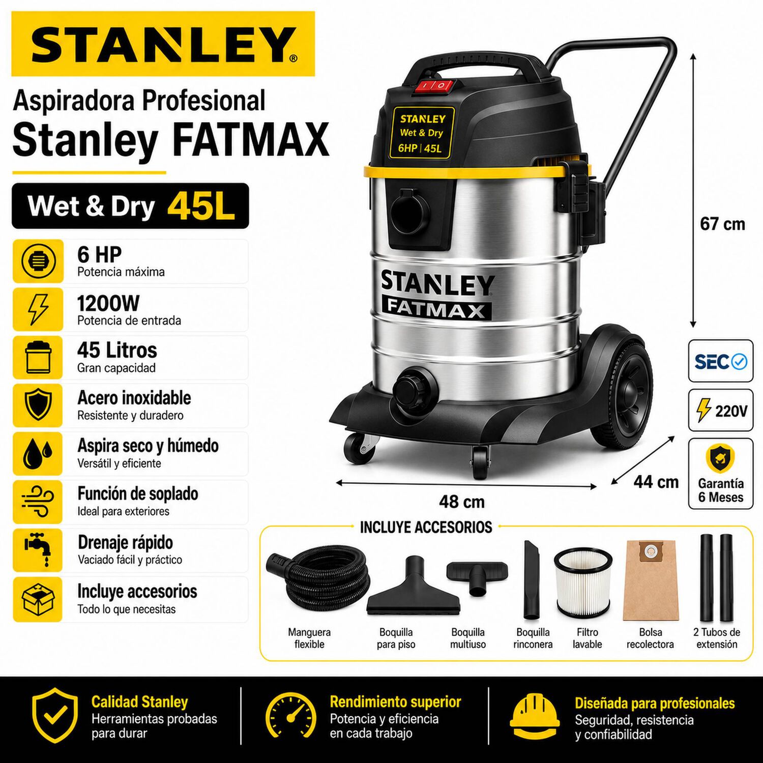 Aspiradora Profesional Fatmax Wet & Dry 45l Inox Line image number 4.0