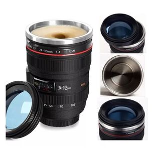 Vaso Cafe Camara Negro 14cm Con Tapa Diseño Moderno