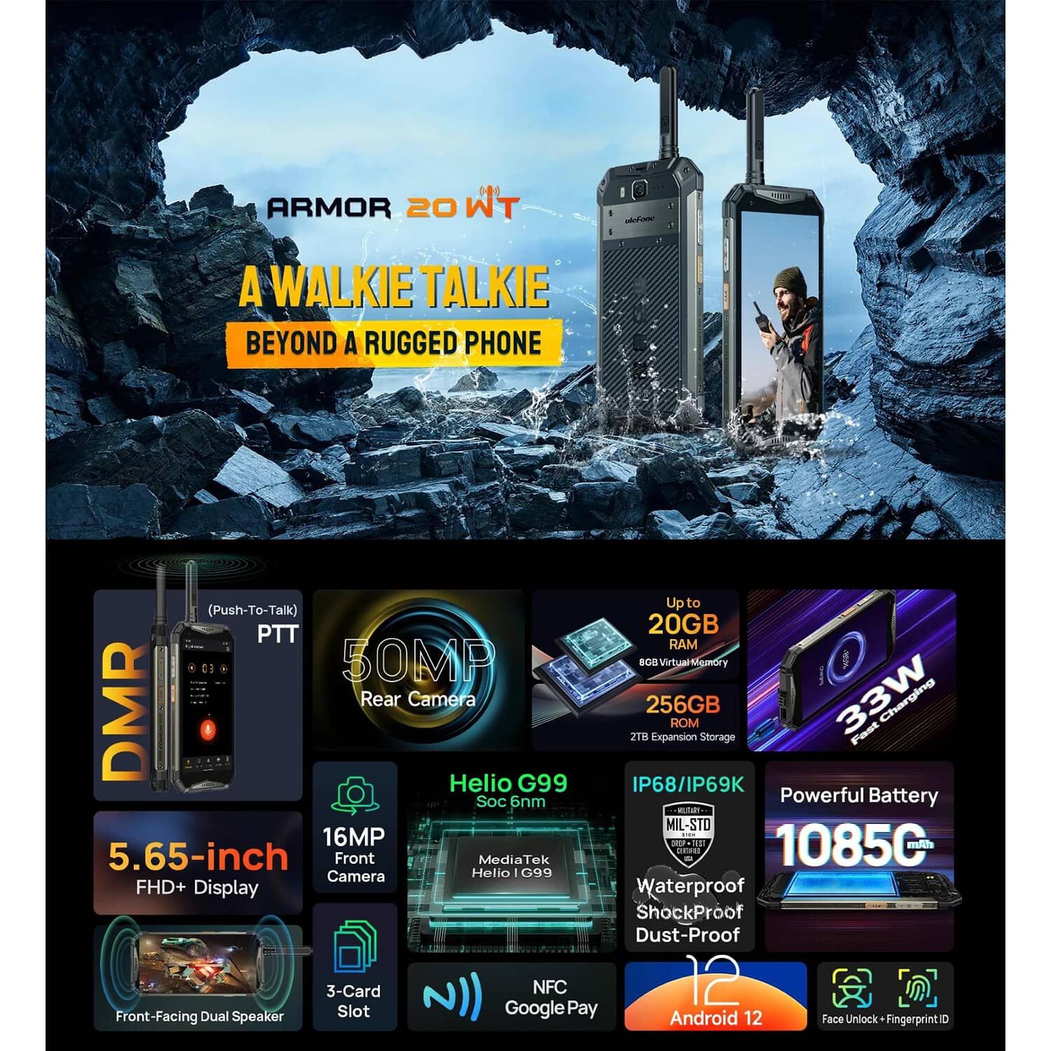 Celular Rugged Ulefone Armor 20wt Resistente A Golpes, Polvo, Humedad Y Agua / Walkie Talkie Dmr/uhf &ndash; Digital An&aacute;logo, Potente Parlante De 100 Db image number 1.0