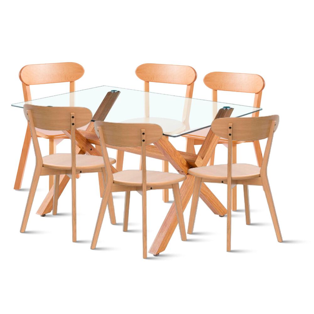Comedor De Vidrio Cross 140x90cm + 6 Sillas Fresno De Madera image number 0.0