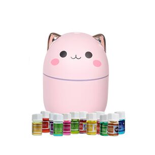 Pack Humidificador Dise&ntilde;o Gato Rosa + 12 Esencias Aromaticas