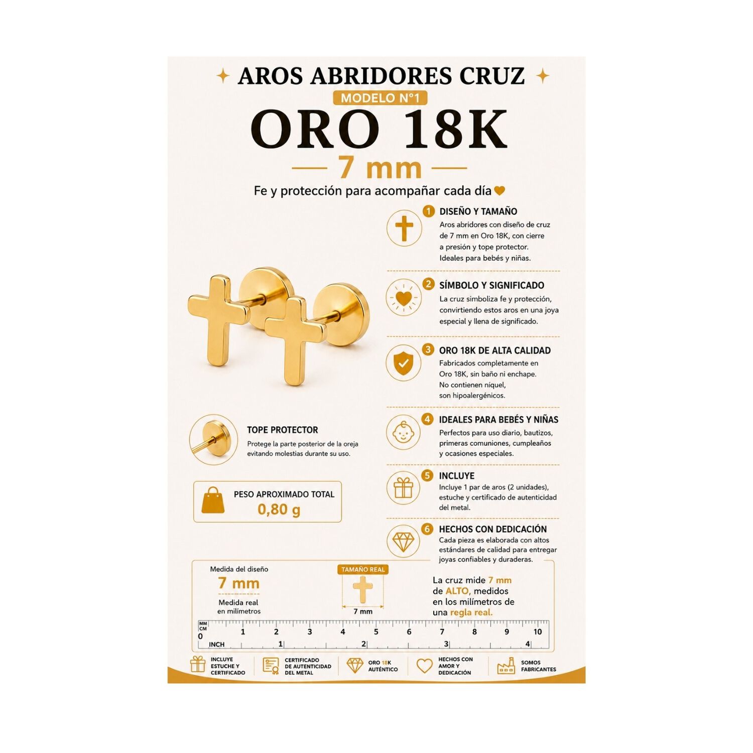 Aros Abridores Cruz 7mm Oro 18k A Presi&oacute;n Beb&eacute; Ni&ntilde;a Dorado image number 5.0