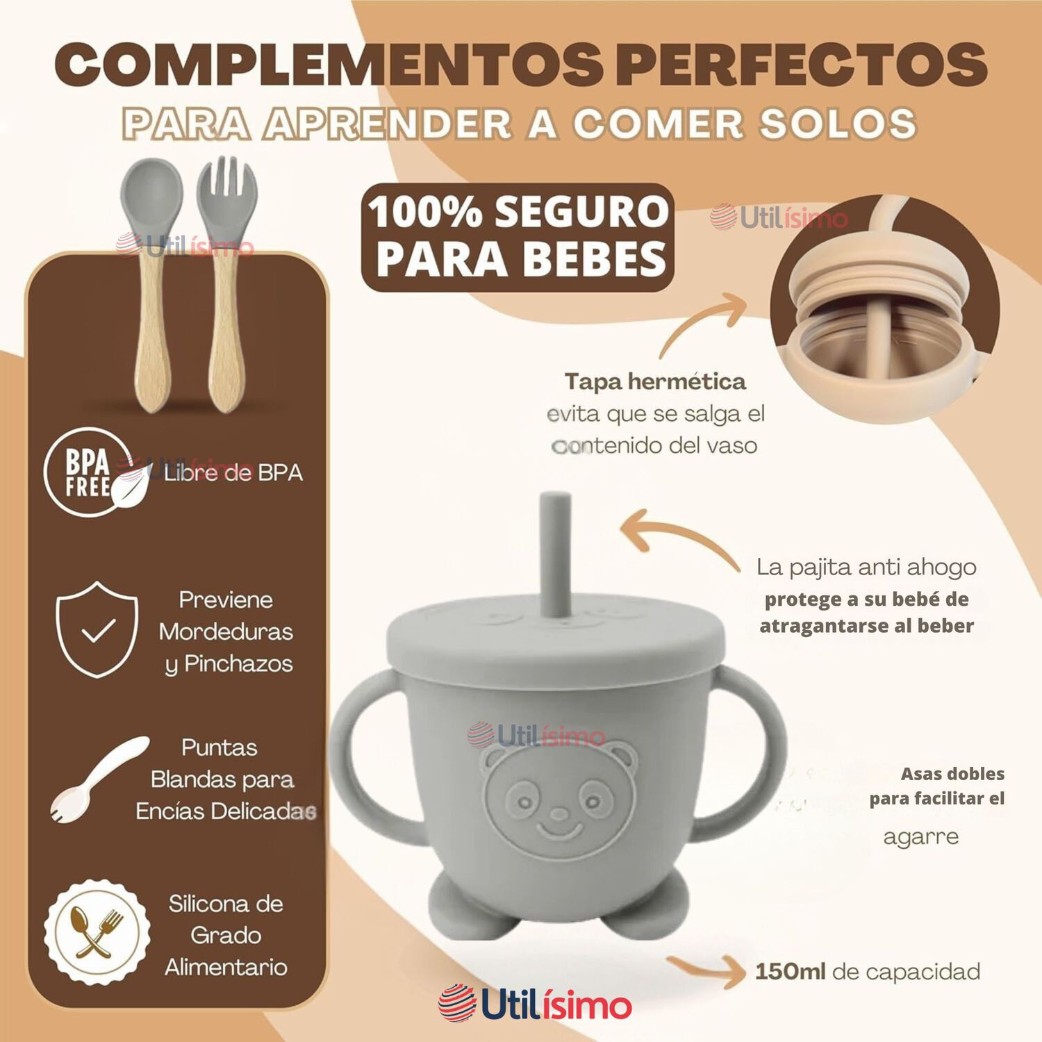 Set De Alimentaci&oacute;n Beb&eacute; Silicona De Oso 6 Piezas Libre Bpa Color Gris image number 8.0