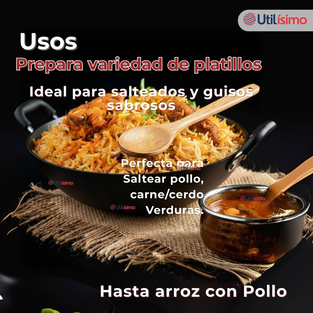 Wok Chino Acero Inoxidable Antiadherente 34cm+ Cuchara De Madera De Bambú image number 2.0