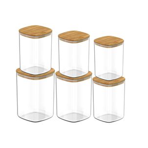 Set 6 Frascos Hermeticos Cuadrado Cocina Tapa De Bambu