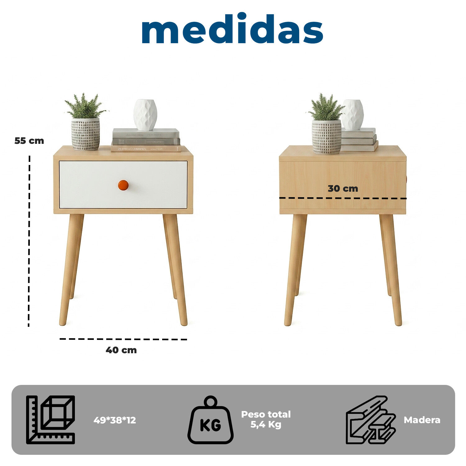 Velador De Madera Con 1 Caj&oacute;n Y Patas Altas 55x40x30 Cm image number 4.0