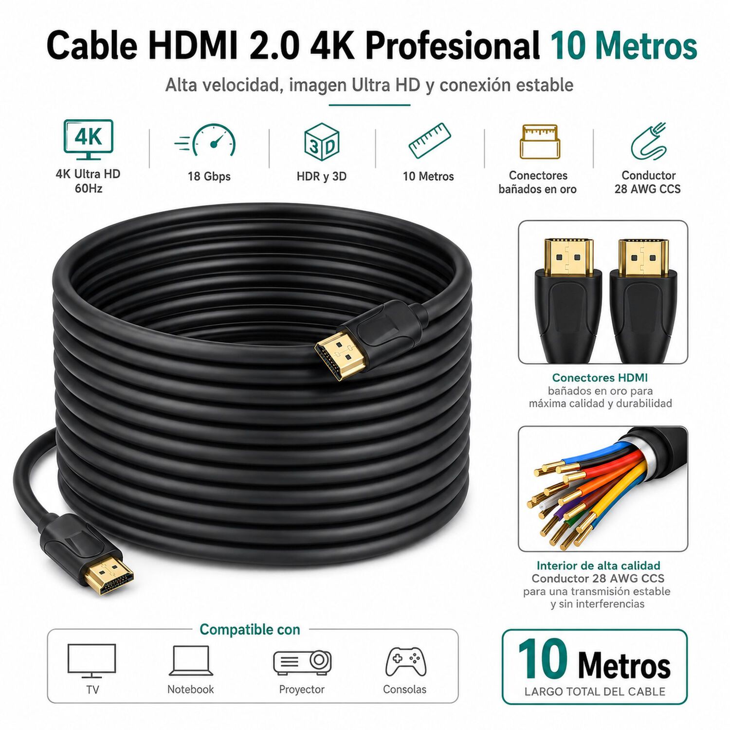 Cable Hdmi 4k Profesional 10mt Ultra Hd Versi&oacute;n Hdmi 2.0 image number 4.0