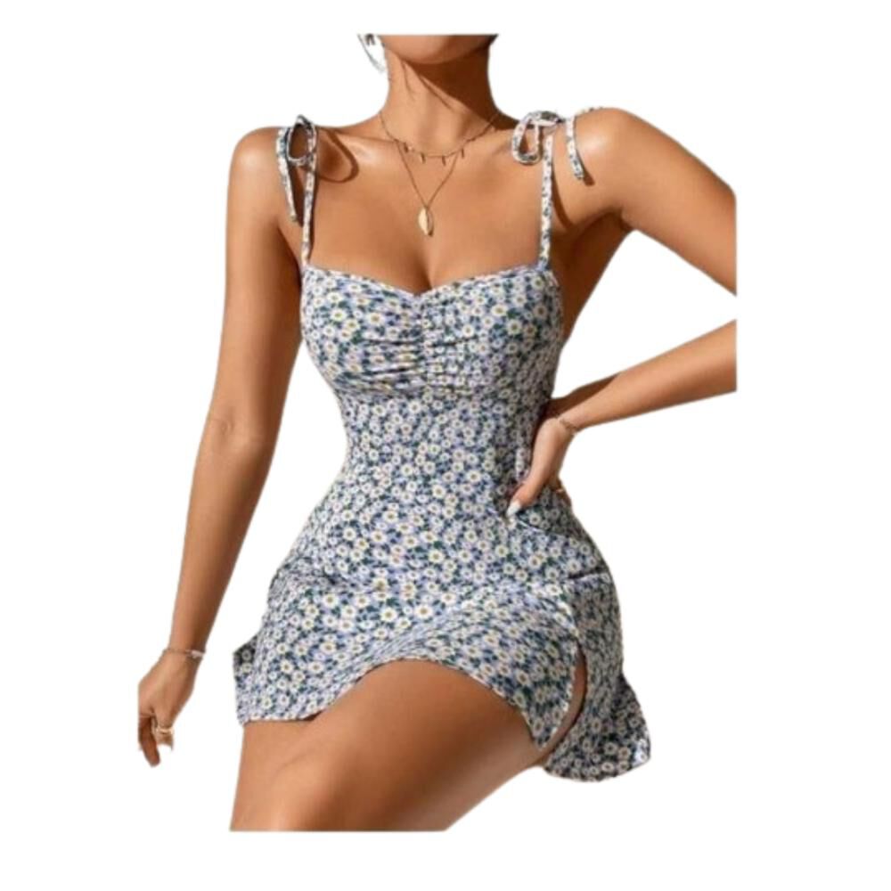 Vestido Tirante Floral Fruncido Cordón Bajo Abertura Juvenil image number 4.0