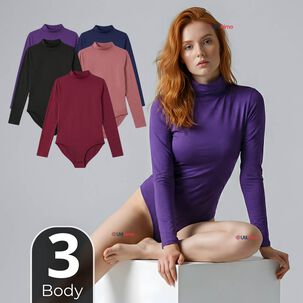Pack 3 Bodys Manga Larga Bamb&uacute; Cuello Alto Beatle Mujer Colores Surtidos
