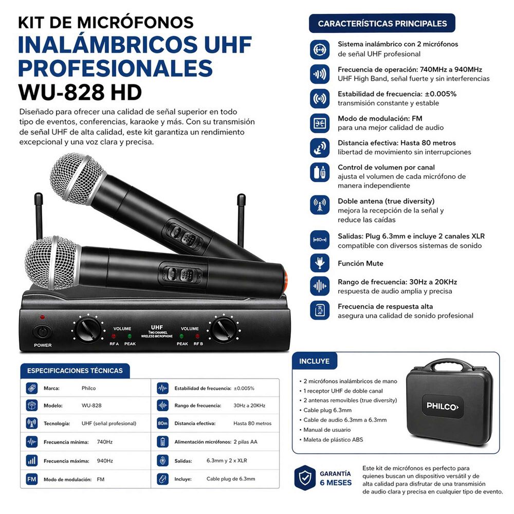Kit De Micr&oacute;fonos Inal&aacute;mbricos Uhf Profesionales Wu-828 Hd image number 4.0