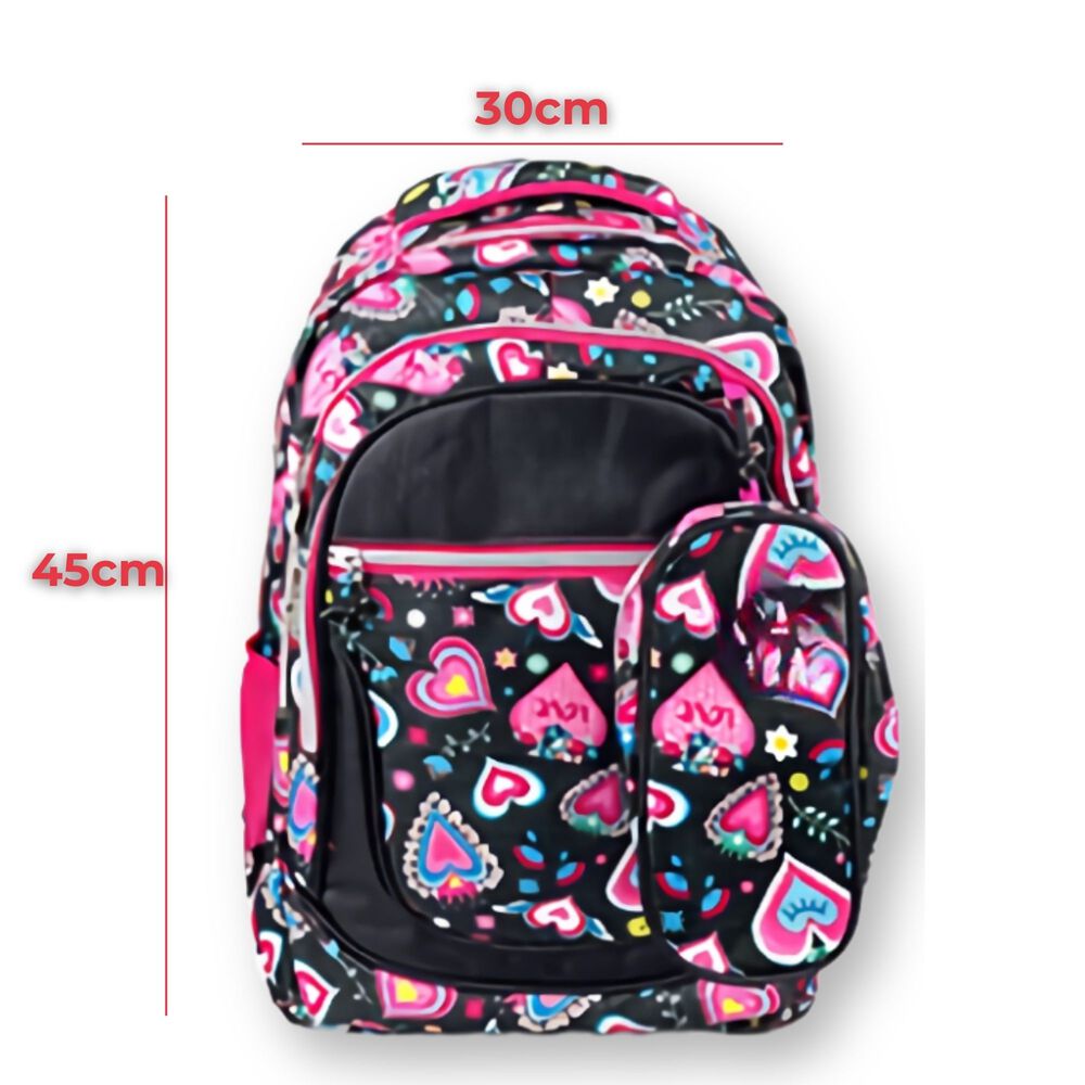 Pack Mochila Lonchera Estuche 45cm Juvenil Y Escolar Girls Black Hearts image number 1.0