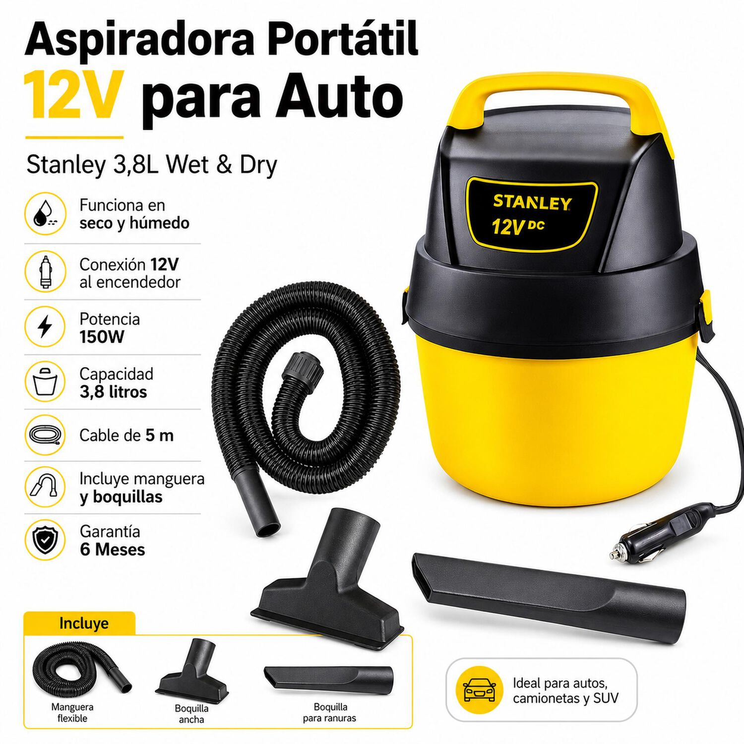 Aspiradora Port&aacute;til 12v Para Auto Stanley 3,8 Lt Wet & Dry image number 5.0