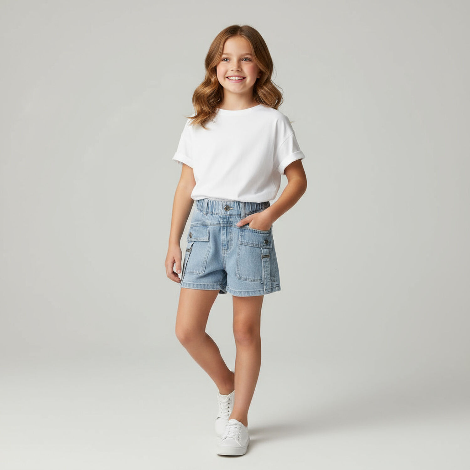 Short Jeans Ni&ntilde;os Azul Medio Kibou Vintage Estilo Cargo image number 0.0
