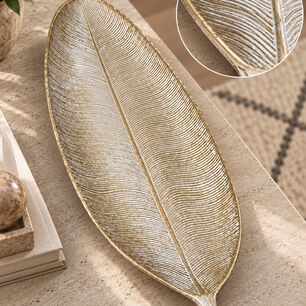 Bandeja Decorativa Forma De Hoja Estilo Moderno Organico 59 Cm Color Blanco Dorado