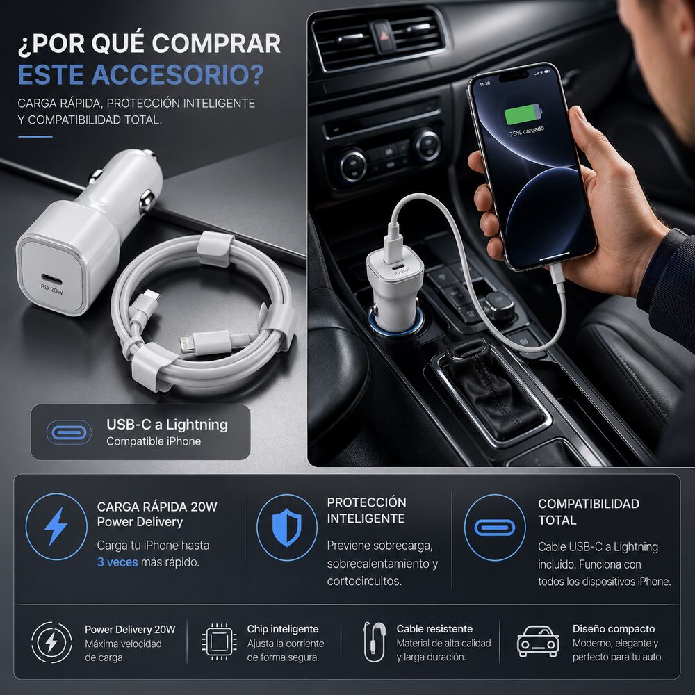 Cargador De Auto 20w Usb-c A Lihtning Compatible Con Iphone image number 3.0