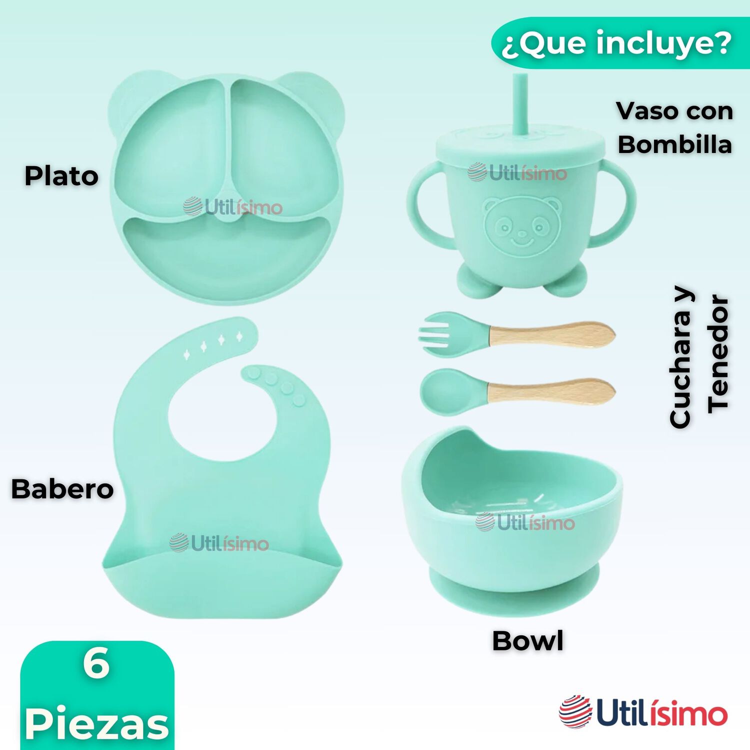 Set De Alimentaci&oacute;n Beb&eacute; Silicona De Oso 6 Piezas Libre Bpa Color Turquesa image number 6.0