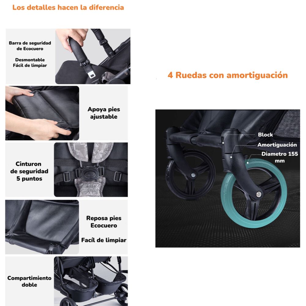 Coche Doble De Paseo Marco Aluminio Liviano Gris Lubabycas image number 6.0