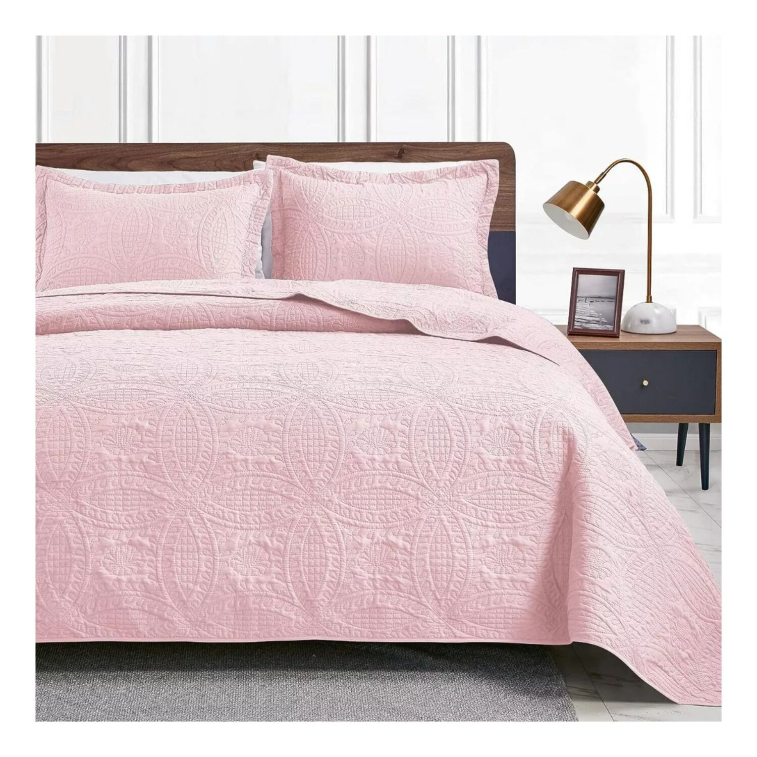Cubrecama Quilt Reversible Queen 228x228 Cm M&aacute;s Fundas Almohada Rosa Blanco image number 2.0