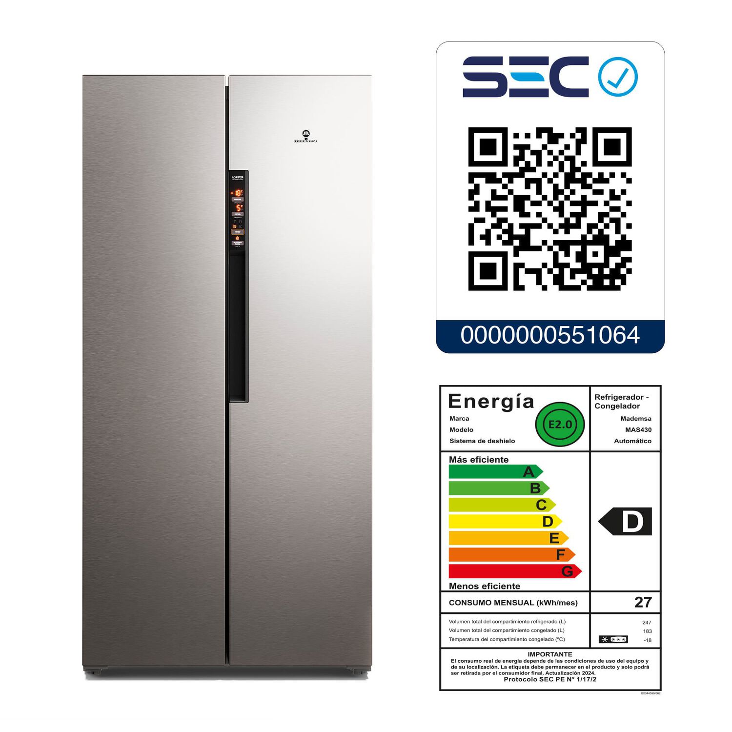 Refrigerador Mademsa 430l No Frost Side By Side Mas430 Inox image number 8.0