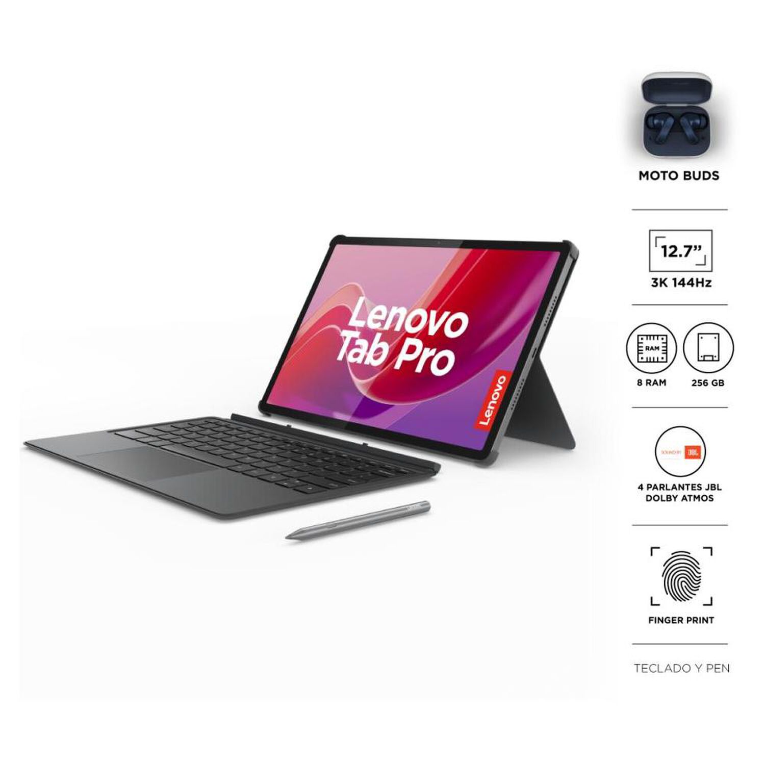 Tablet 12,7" 3K Lenovo Tab Pro / 8 GB RAM / 256 GB / Gris + Keyboard + Pen Plus + Moto Buds