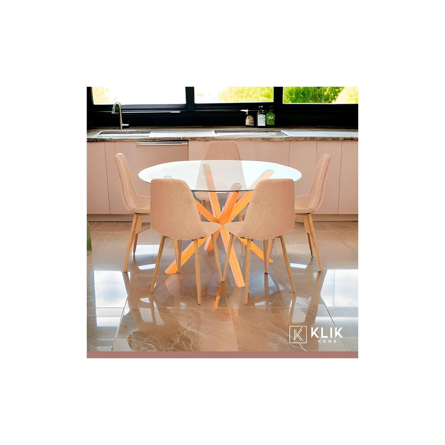 Comedor Redondo De Vidrio Cross 120cm + 5 Silla Spoon Velvet - Beige image number 1.0