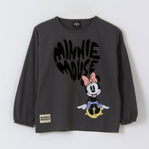 Polera Manga Larga Ni&ntilde;a Minnie Mouse Gris Oscuro Disney